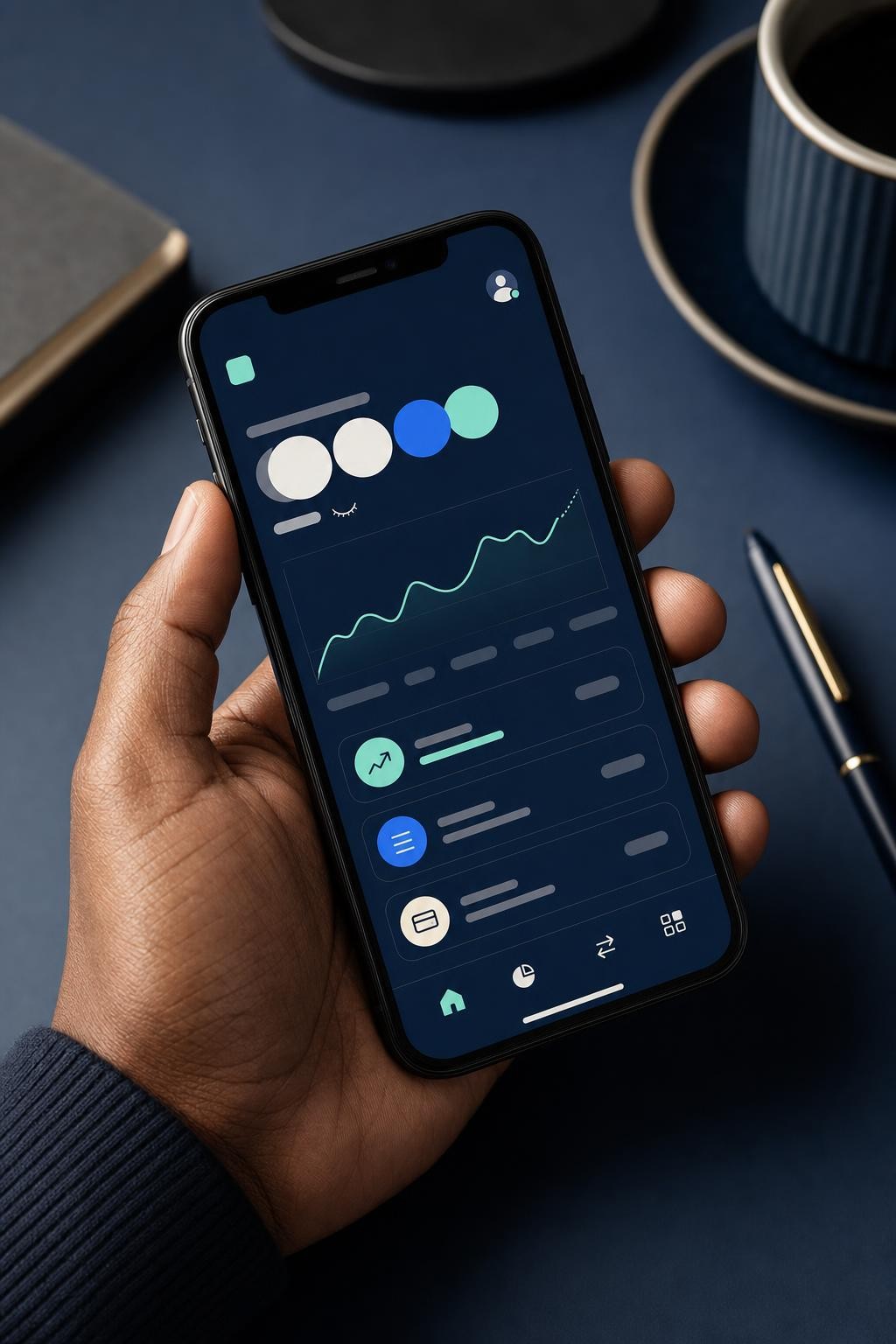 Hand holding a smartphone with a generic personal finance app screen