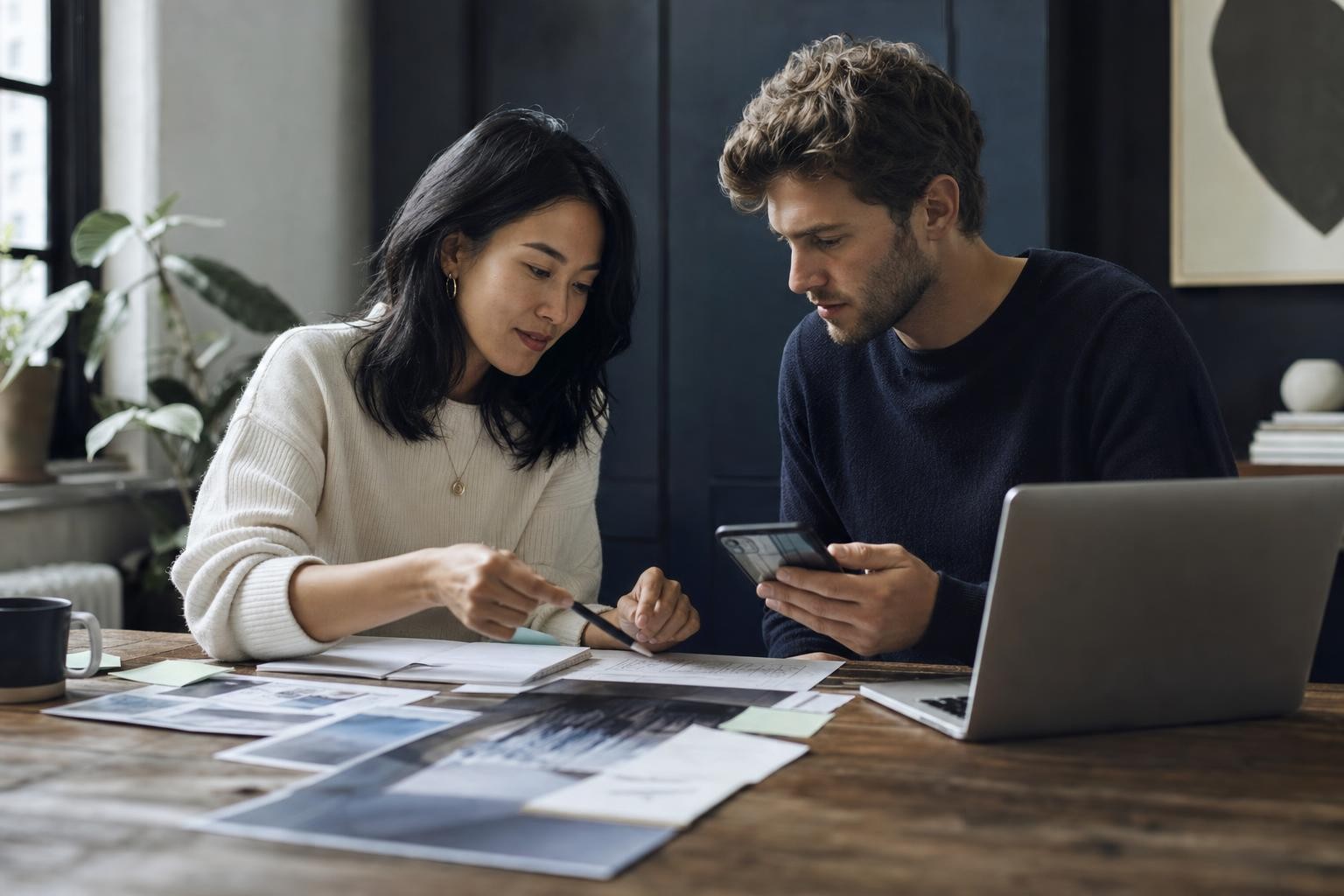 Two people reviewing a creator brief and product content at a work table
